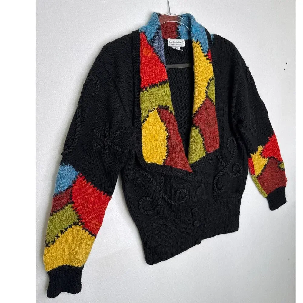 1990s Roberta Frost Hand Knit Wool Cardigan Uruguay Oversized Small